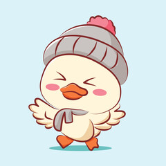 cute cartoon character duck is wink wear hat animals vector design