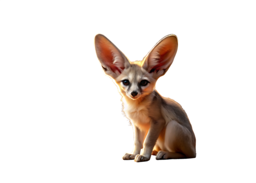 Adorable Fennec Fox with Large Ears Sitting on Desert Dunes at Sunset isolated on white background ,PNG. AI Generated.