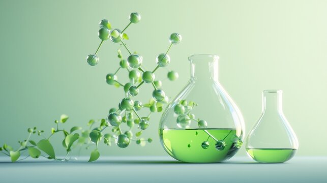 Laboratory glass flasks with green liquid scientific research photography background