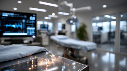 Fototapeta premium An advanced surgical room showcasing vital monitoring equipment and sterile environment, emphasizing the importance of technology in healthcare and patient care efficiency.