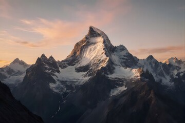 Majestic snow-capped peak under soft golden light.