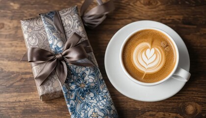 A white gift box with a navy blue ribbon sits beside a cup of latte art and a patterned tie on a wooden surface.