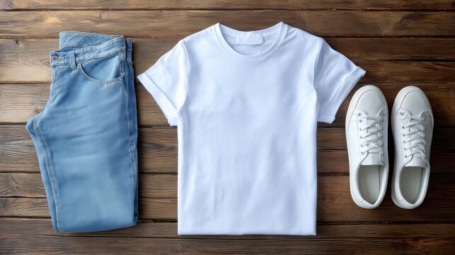 A flat lay of blue jeans, a white t-shirt, and sneakers, styled for a casual look