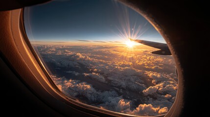Obraz premium A high-altitude view from a plane window at sunrise, with golden rays lighting the curve of the Earth and soft cloud layers below, creating a peaceful and dreamlike atmosphere.