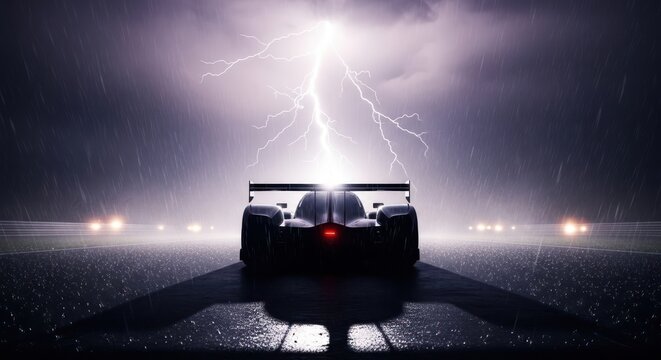 Race Car Silhouetted Against Lightning Storm - Speed and Power.