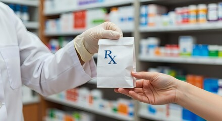 Rx Ready Pharmacist Handing Prescription Bag in Bright Aisle.