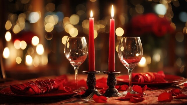 A romantic dinner setup for two with tall red candles in elegant holders, wine glasses, rose petals, and dim ambient lighting, bokeh effect in the background - Powered by Adobe