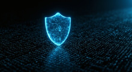 Cyber Shield Glowing blue data protection symbol over binary code field.