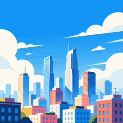 Obraz premium Colorful Cityscape Under Blue Sky with Fluffy Clouds
