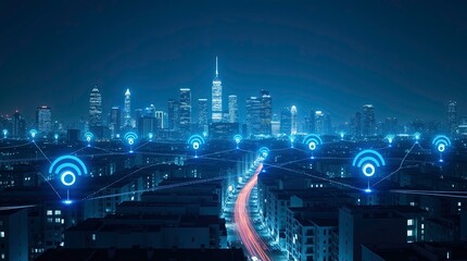 Futuristic city skyline with glowing blue skyscrapers on a hazy, atmospheric night, Wireless network and Connection technology concept with Abstract city background in panorama view : Generative AI