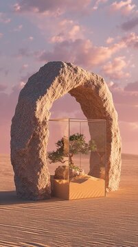 Stone Arch with Bonsai Tree in Glass Cube