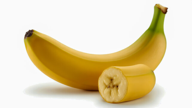 A whole yellow banana and a sliced piece of banana on a white background fruit tropical fruit