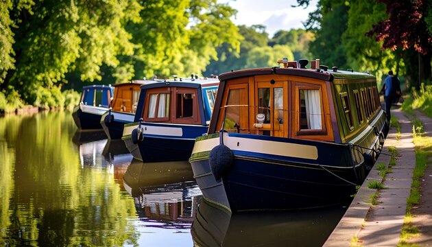 Canal boats moored with tranquil scene.