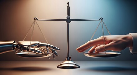 Balancing Act: Artificial Intelligence vs. Humanity,Weighing the Future: Scales of Justice with Human and Robotic Hands, a Conceptual Image