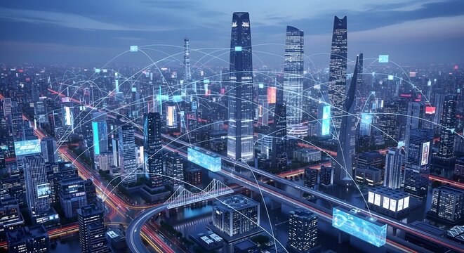 Futuristic Cityscape at Night with Glowing Data Connections, Modern Metropolis with Advanced Technology and Communication Networks - Powered by Adobe