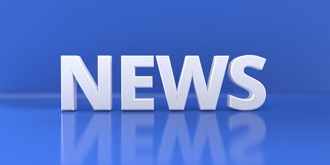 The write NEWS with white 3D letters standing on a glossy floor of a room, leaning at its blue wall - 3D rendering illustration