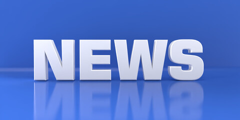 The write NEWS with white 3D letters standing on a glossy floor of a room, leaning at its blue wall - 3D rendering illustration