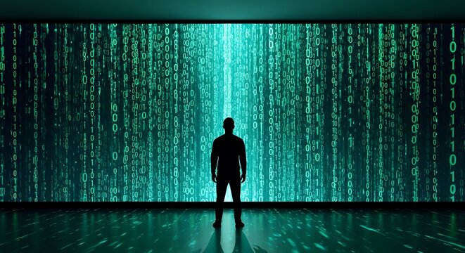 Silhouette figure stands before an immersive wall of glowing green binary code, Man contemplates a wall of descending, bright green digital data, reflecting in the floor