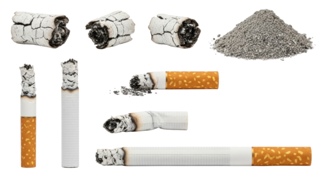 Cigarette butts, ash pile, and lit cigarettes on transparent background, smoking concept