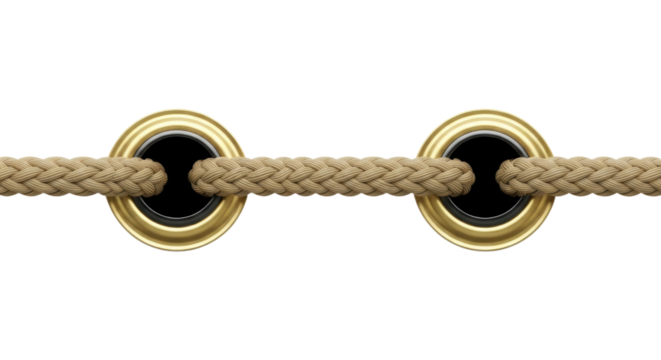 Braided rope and golden eyelets, representing connection, strength, and unity, on black