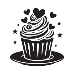 A silhouette of a cupcake with heart-shaped toppings, swirls of icing, and small stars around it. 