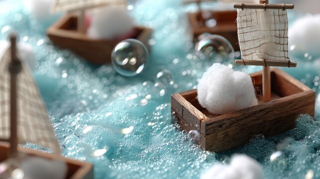 Miniature boats on sea creative decorative artistic photography composition background