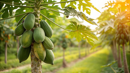 Green Papayas on tree in garden, Green Papaya on tree in natural warm sunlight background