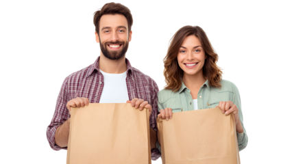 Smiling couple holding shopping bags represents consumerism retail purchases and positive shopping experiences featuring happy man and woman sharing excitement about their recent