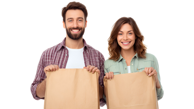 Smiling couple holding shopping bags represents consumerism retail purchases and positive shopping experiences featuring happy man and woman sharing excitement about their recent