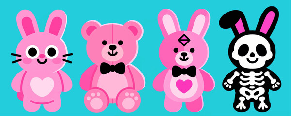 Four Whimsical Stuffed Animals on Blue Background