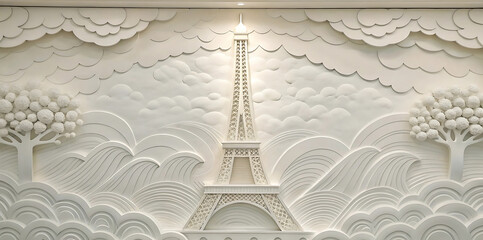Artistic three-dimensional wall panel featuring a famous Parisian tower in a beautifully sculpted, dreamy landscape