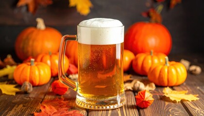 A frothy mug of beer surrounded by vibrant pumpkins and autumn leaves, embodying the cozy essence of fall harvest celebrations.