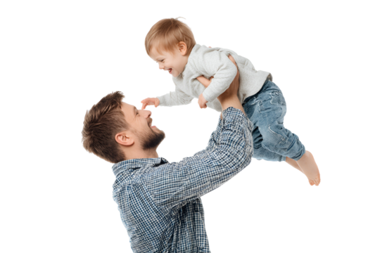 Fatherhood joy depicted in a joyful moment of a dad holding his baby son high in the air displaying affection and happiness parenthood featuring loving parent child bond isolated