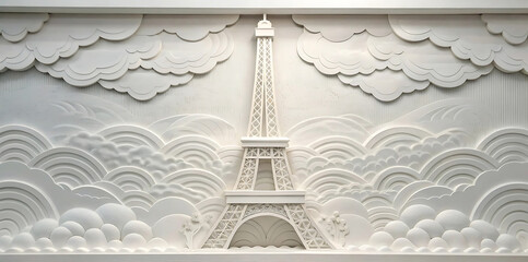 Ornate bas-relief carving of the Eiffel Tower surrounded by stylized clouds, a timeless architectural masterpiece