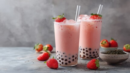 Homemade strawberry bubble tea in clear glass, layered with pink milk, berries, and tapioca pearls, refreshing summer treat