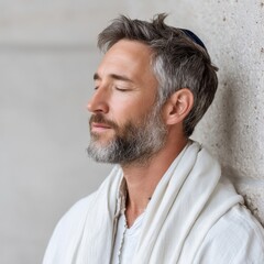 Obraz premium Meditative man wearing a tallit in a serene setting reflecting spirituality and peace during a quiet moment