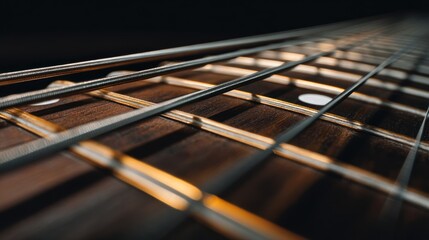 Macro shot of guitar strings stretching across fretboard, high detail