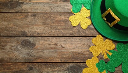 A vibrant green leprechaun hat surrounded by golden and green shamrocks on a rustic wooden background, perfect for St. Patrick's Day celebrations.