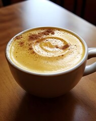 Obraz premium A closeup shot captures the inviting warmth of a turmeric latte in a white cup, adorned with a delicate swirl of cinnamon powder, set against a blurred wooden table, evoking a sense of comfort and wel