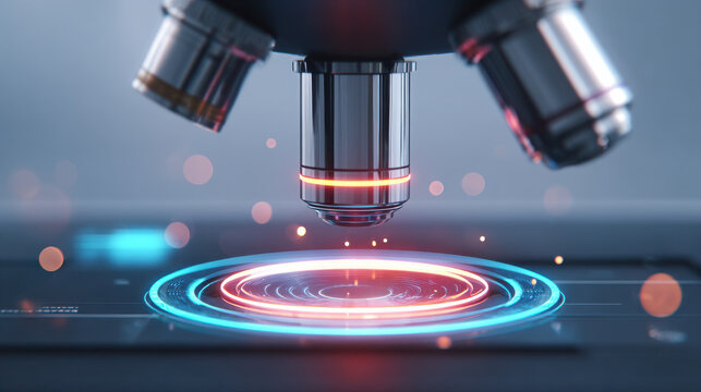 AI surgery concept microscope lens glowing ring, futuristic lab technology, precision research, science innovation, sterile mood, clinical focus