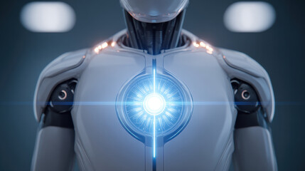 AI android chest reactor, futuristic robot torso, cybernetic design, metallic white armor, glowing core, surgery precision mood