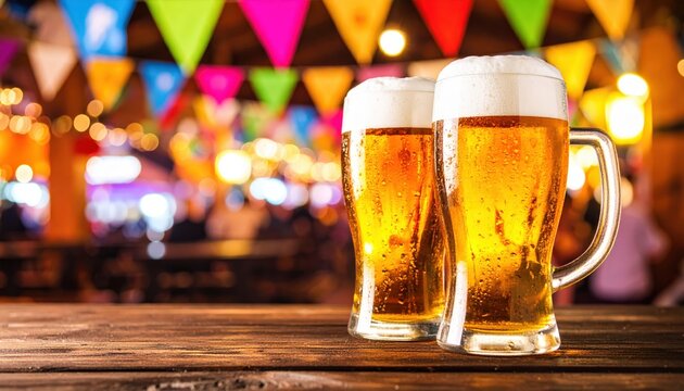 Two frosty beer mugs are set on a wooden table, against a backdrop of colorful bunting and festive lights, creating a lively celebration atmosphere.