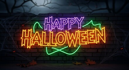 Vibrant neon happy halloween sign illuminating a brick wall