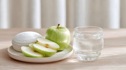 Fresh green apples and water on a wooden table with soft natural light in a cozy indoor setting