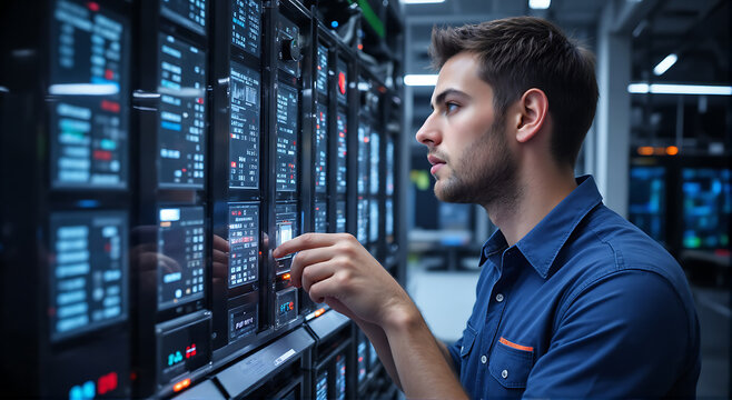 IT Professional Analyzing Server Data Man Examining Computer Hardware in Data Center