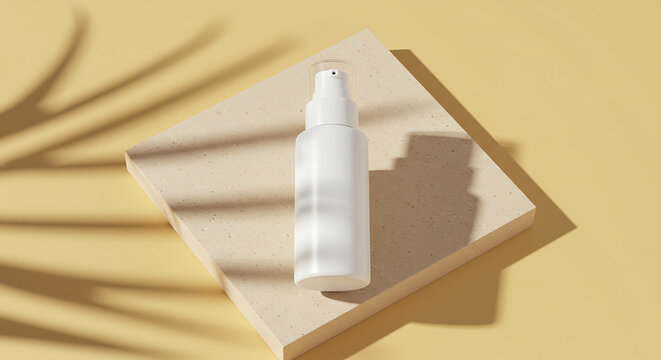 Cosmetic bottle mockup on beige background with leaf shadow, for branding Generative AI