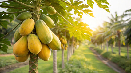 Papaya on tree in garden, Papaya hanging on tree in natural warm sunlight background