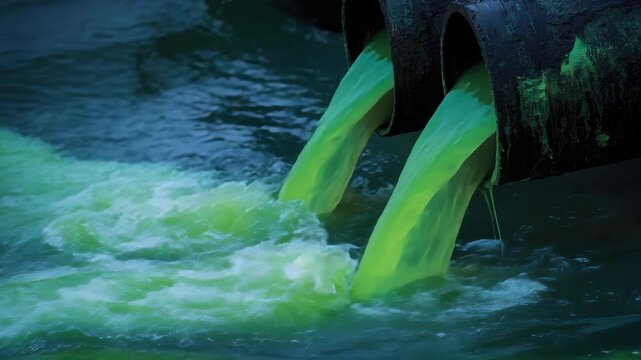 Green glowing fluid released from industrial pipes into water