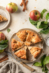 Homemade cutted Apple Pie with fresh apples on textured background top view. Thanksgiving traditional dessert, autumn baking, recipe