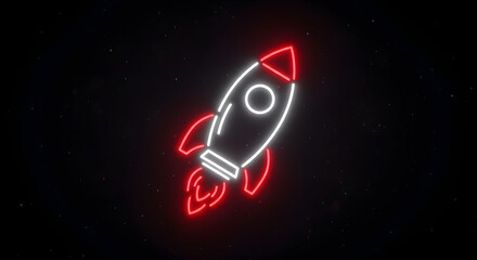 Neon Rocket Icon – Startup Launch Symbol with White and Red Accents Against Cosmic Background